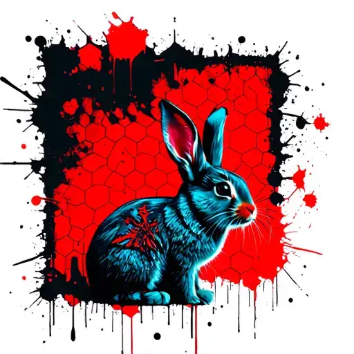 blue red and black rabbit with hexagon motif tattoo design idea