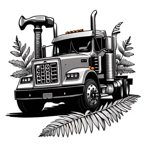 fern leaf,hammer,old phone,semi truck,house,wrench tattoo design idea