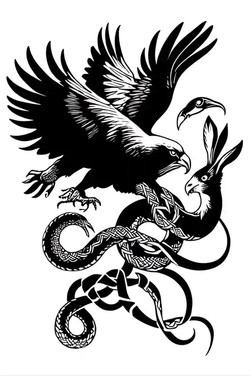 depicts an eagle fighting a snake, include a hare and tradtional celtic knot work tattoo design idea