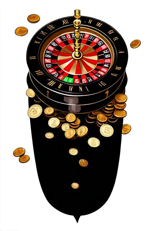 half a roulette wheel with coins and dollers and swirls going through the tattoo with Roman numerals scattered around  tattoo design idea