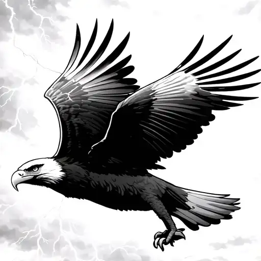 Can you make an image of a bald eagle flying through a cloudy lightning storm with laser beams coming from his eyes tattoo design idea