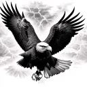 Can you make an image of a bald eagle flying through a cloudy lightning storm with laser beams coming from his eyes tattoo design idea