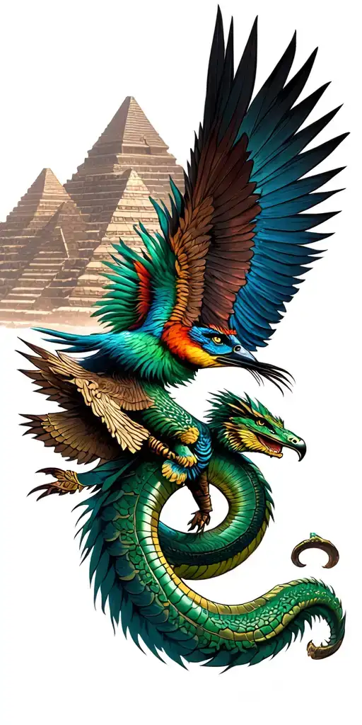 feathered serpent god Quetzalcoatl in the background, Mayan pyramids, and a Mayan warrior. A quetzal bird flying. gothic tattoo design idea