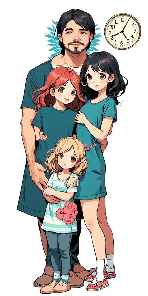 Papà and three daughters showing the passage of time to time tattoo design idea