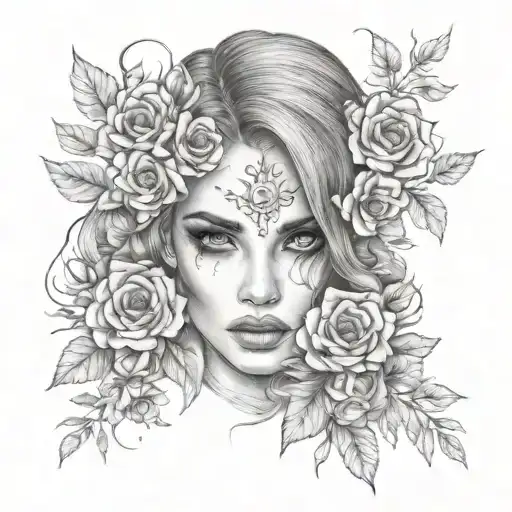 girl looks with evil eyes. beautiful hair and eyes. Tattoo on face and flowers around tattoo design idea