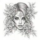 girl looks with evil eyes. beautiful hair and eyes. Tattoo on face and flowers around tattoo design idea
