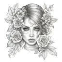 girl looks with evil eyes. beautiful hair and eyes. Tattoo on face and flowers around tattoo design idea