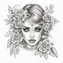 girl looks with evil eyes. beautiful hair and eyes. Tattoo on face and flowers around tattoo design idea