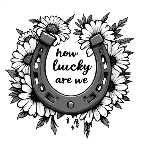 small Horseshoe, marigolds and cosmos flower bouquet, "how lucky are we " tattoo design idea