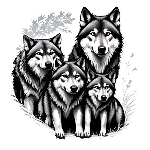 wolf pack with 3 cubs  tattoo design idea