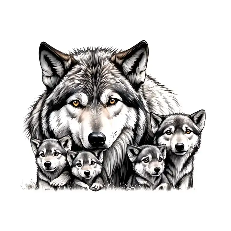 male wolf and 4 cubs  tattoo design idea