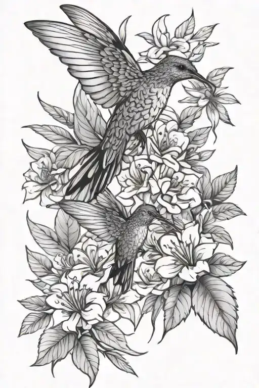 Flowers, humming bird, leaves on the spine tattoo tattoo design idea