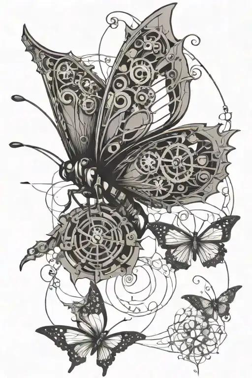 steampunk butterfly flying towards the finish line with 4 little butterflies around and barbed wire flowers  tattoo design idea