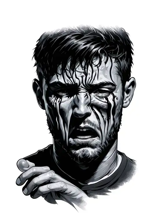 crying male face, left eye coverd with hand tattoo design idea