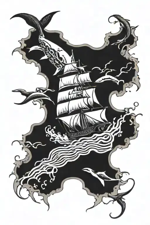 ship, shark, lightning storm, waves tattoo design idea