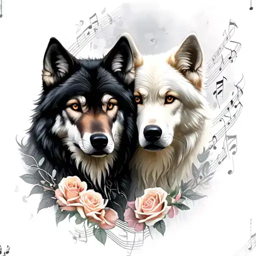 2loving wolves(me & my husband) one black one white with roses and musical notes  tattoo design idea