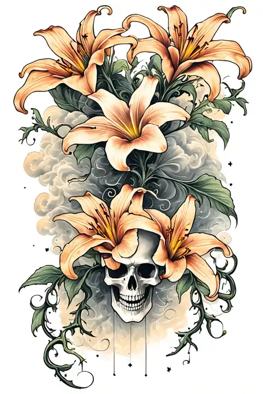 arm sleeve tattoo with star gazer lilies and smokey clouds with vines and skulls tattoo design idea