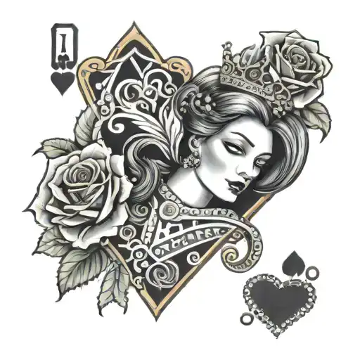 black and grey, queen of hearts playing card, roses, and perals tattoo design idea
