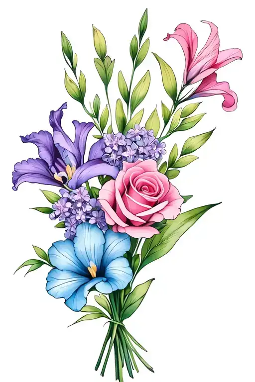 gladiolus, jonquil, lilac rose, sweet pea birth flower bouquet. I like colors: blues, pinks, purples, cyan tattoo design idea