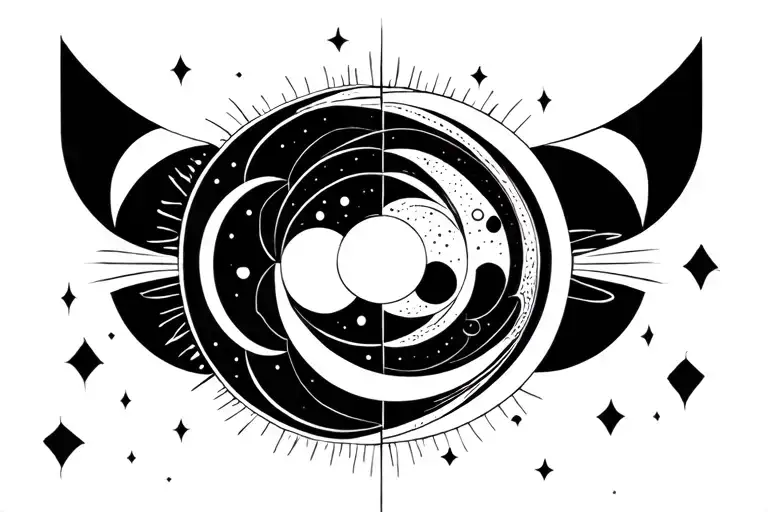 Sun And Moon phases integrated tattoo design idea