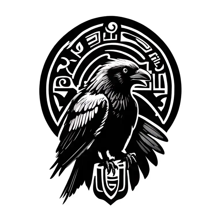 hieroglyphic crow flying tattoo design idea