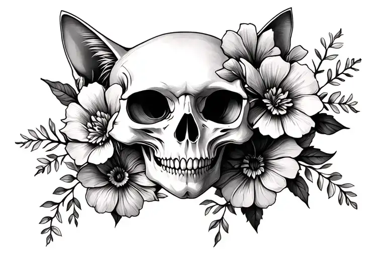 I want a forward facing cat skull with cool flowers to do on a throat area tattoo design idea