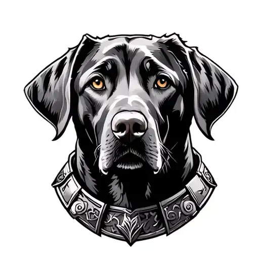a mix of labrador and weimaraner dog with armor viking style tattoo design idea