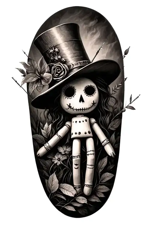 voodoo doll with cylinder hat and needles on his own hand and nature tattoo design idea
