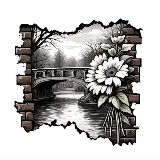 brick wall being torn November birth flower bouquet with picture of bridge river sky woods coming through tattoo design idea