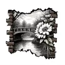 brick wall being torn November birth flower bouquet with picture of bridge river sky woods coming through tattoo design idea