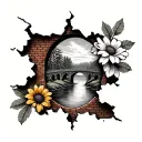 brick wall being torn November birth flower bouquet with picture of bridge river sky woods coming through tattoo design idea