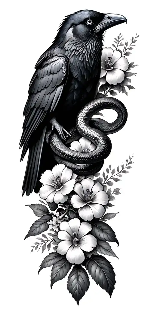 sleeve of flowers with a raven sitting and a snake intertwined flowers tattoo design idea