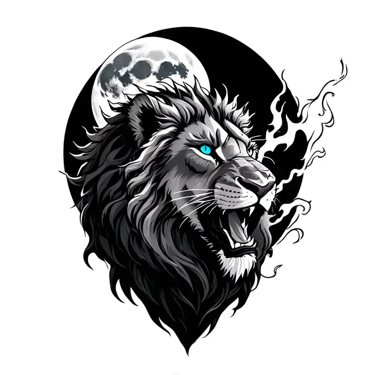 lion with blue eyes like fire breathing dragon in a forest with the moon showing tattoo design idea