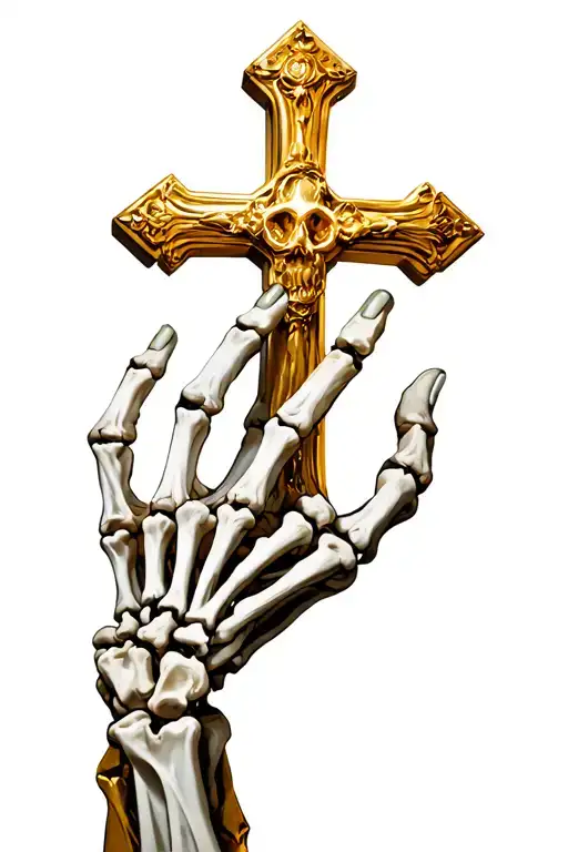 Golden Cross held upwards by faded skeleton hand tattoo design idea