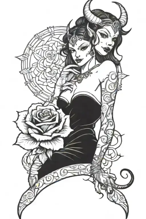 succubus holding a black rose wrapped and smiles tattoo design idea