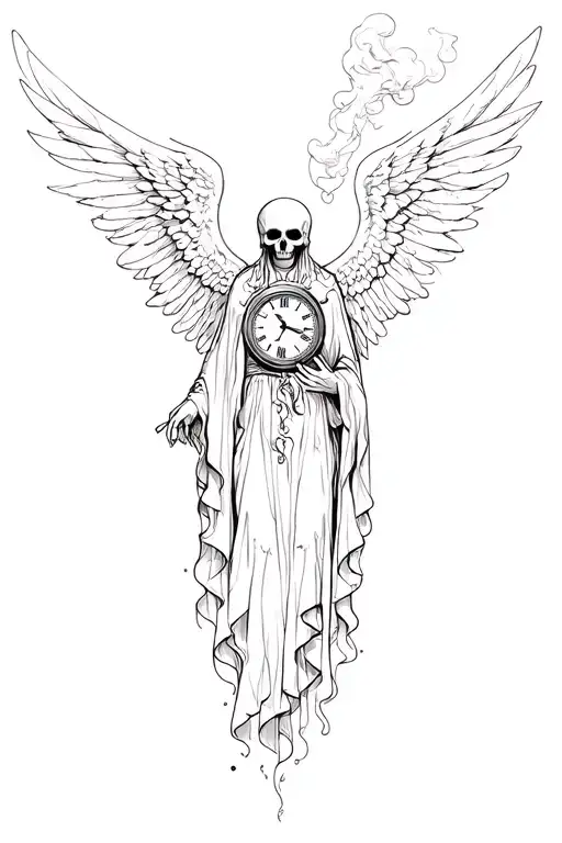 angel of death with clock and smoke tattoo design idea