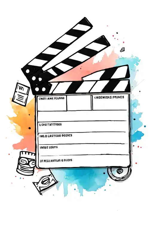A  clapperboard in sketch stylie surrounded by  cinema icons  and a watercolor background tattoo design idea