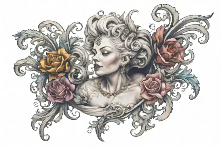 A large tattoo stretching across the neck, cleavage and shoulders The tattoo has baroque style tendrils with colourful g tattoo design idea