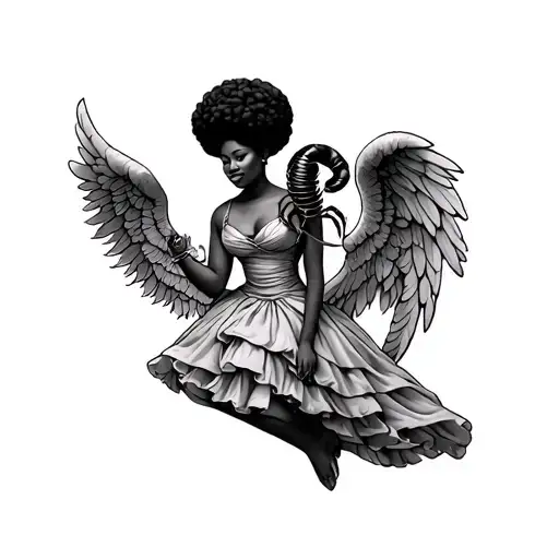 African American women holding a scorpio in her hand with afro puffs in a dress with angel wings and virgo sign tattoo design idea