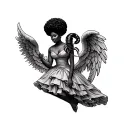 African American women holding a scorpio in her hand with afro puffs in a dress with angel wings and virgo sign tattoo design idea