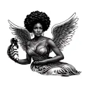 African American women holding a scorpio in her hand with afro puffs in a dress with angel wings and virgo sign tattoo design idea