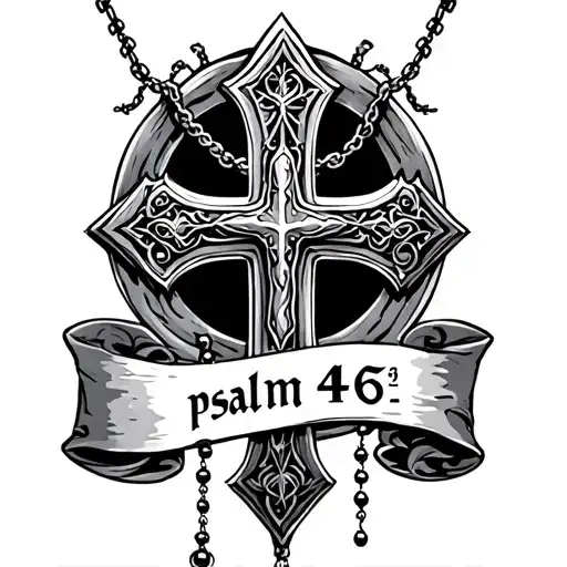 gothic cross with a rosary necklace and a banner going around it that has the Bible verse "psalm 46:5" tattoo design idea