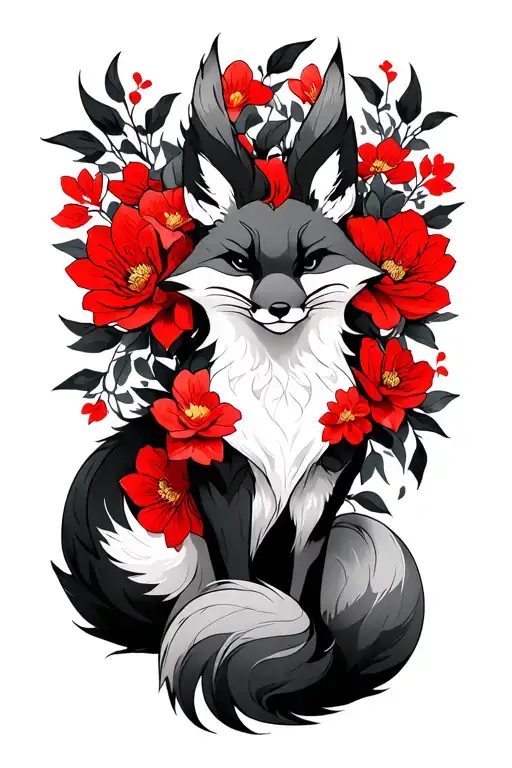 Fox Kitsune with nine tails and red flowers tattoo design idea