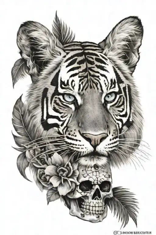 half tiger head separated by a palm and the other half a sugar skull with dallas cowboys logo on the eye with sunset  tattoo design idea