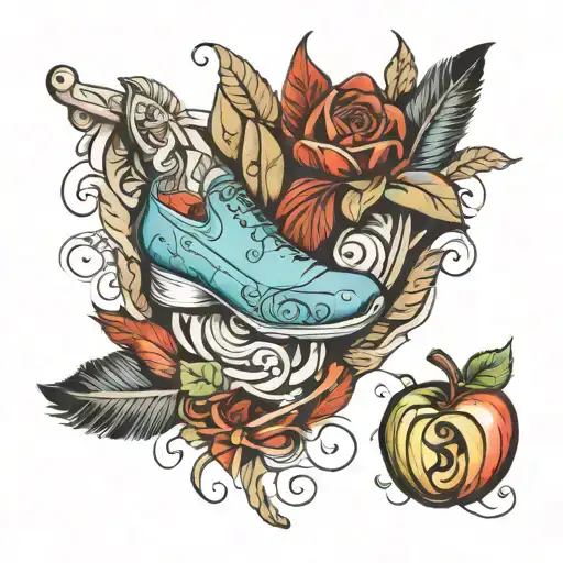 glass slipper, apple, turkey feather quill scrawling line tattoo design idea