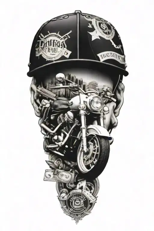 A unique tattoo design combining elements of motorcycles, guns, and money in a country-themed collage, with a focus on intricate details and shading tattoo design idea