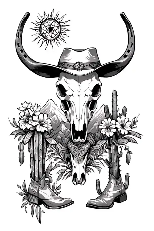 Bull scull,Cards,Dream catcher, Cactus, Mountain,Sun,Horse shoe,Cowboy boots,Cowboy hat tattoo design idea