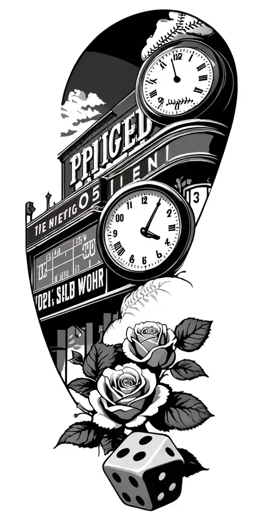 black sleeve stencil with a baseball, the wrigley field scoreboard, a clock, a couple dice, and roses in the background  tattoo design idea