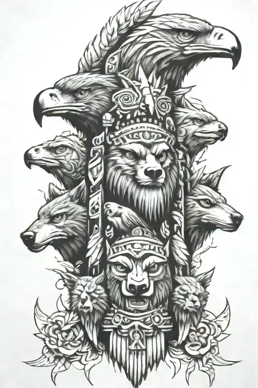 totem pole with eagle, wolf and bear head tattoo design idea