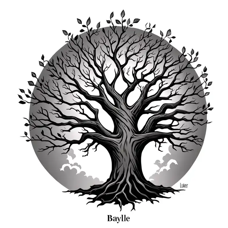 Tree with no leaves surname in the roots(LUKER) children names in or branches (Keegan)(McKenzie)(Baylee)Base of tree hea tattoo design idea